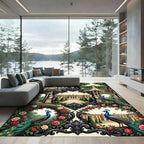 Ornate Peacock Rose Garden Scene Rug