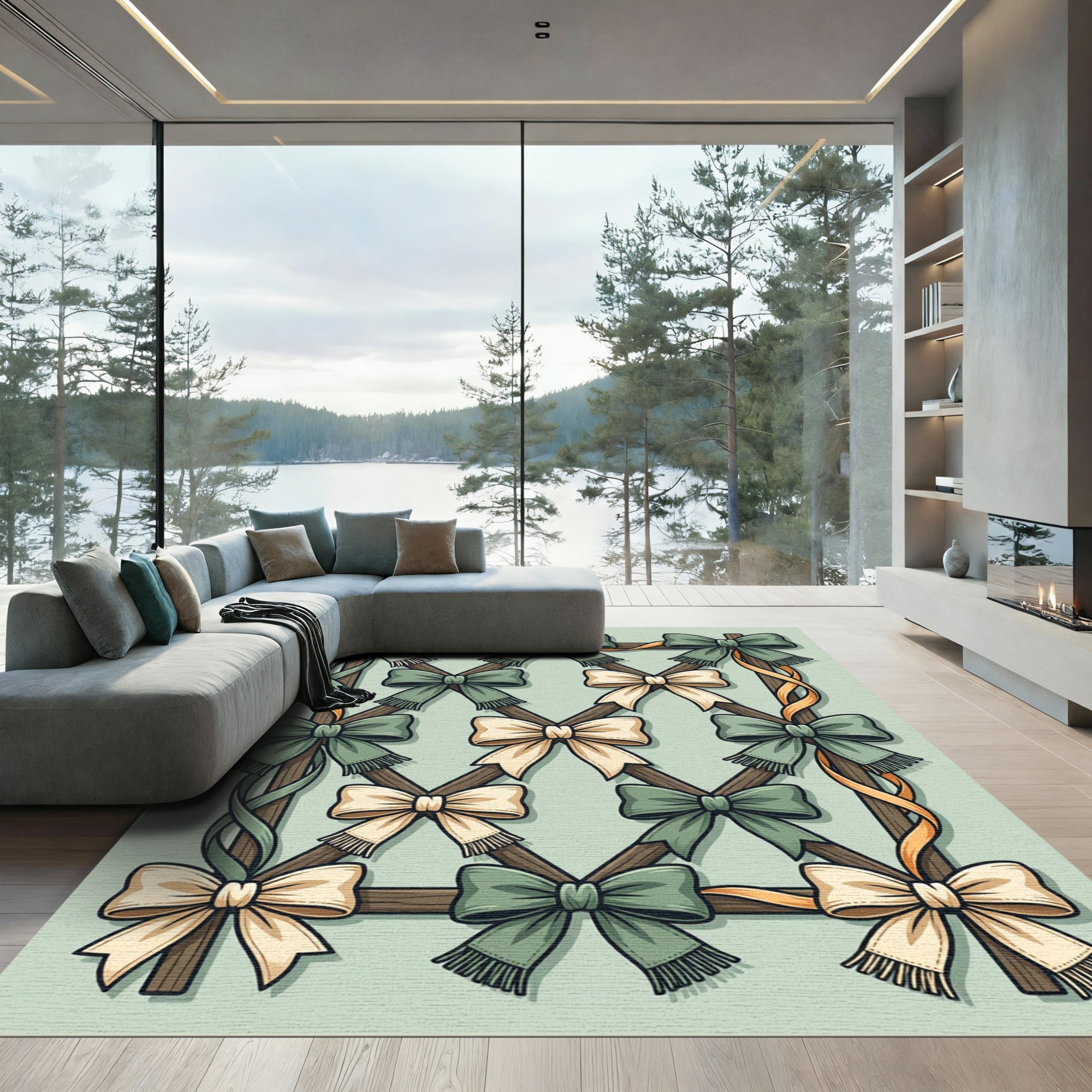 Sage Green Ribbon Trellis Bows Rug