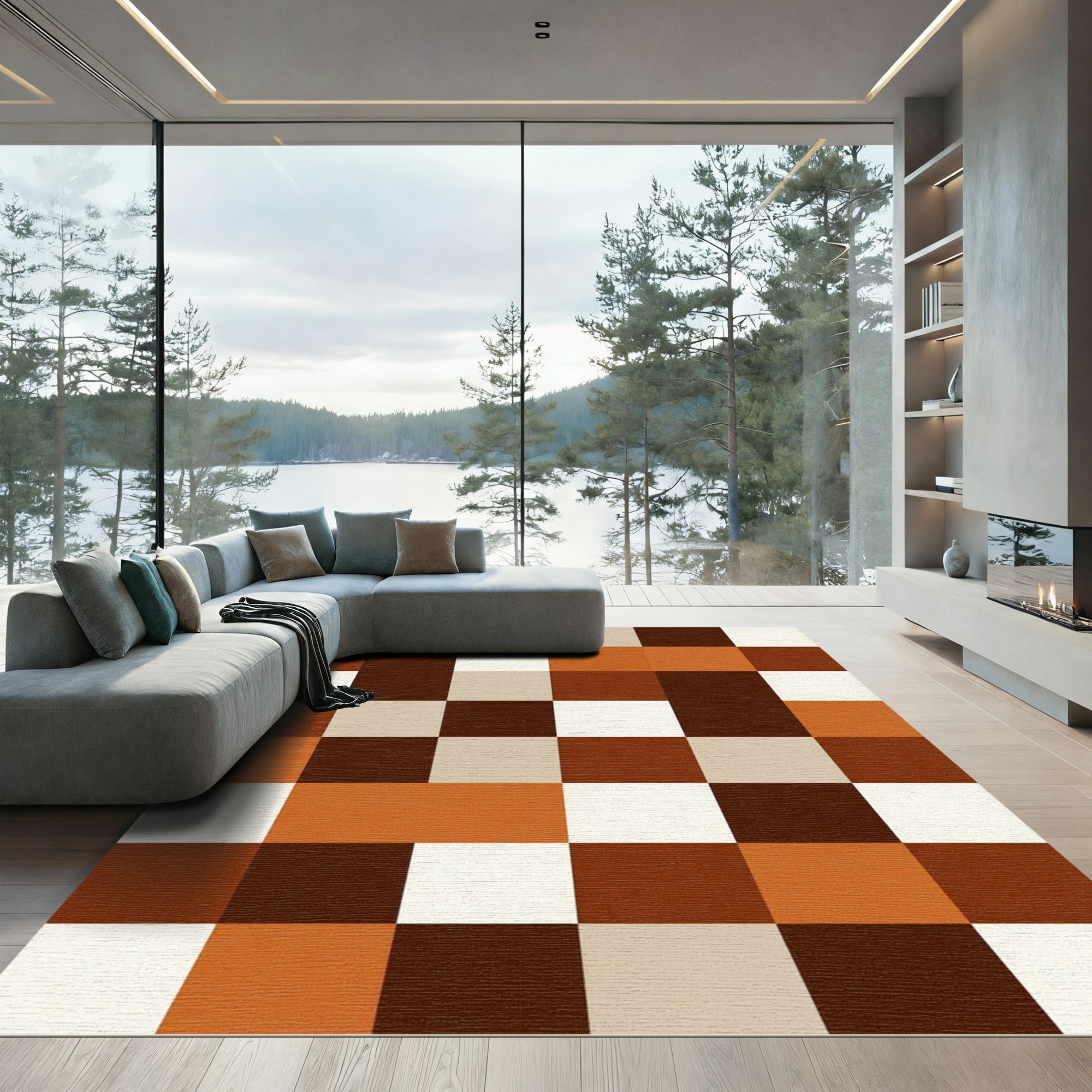 Terracotta Cream Brown Checkerboard Blocks Rug