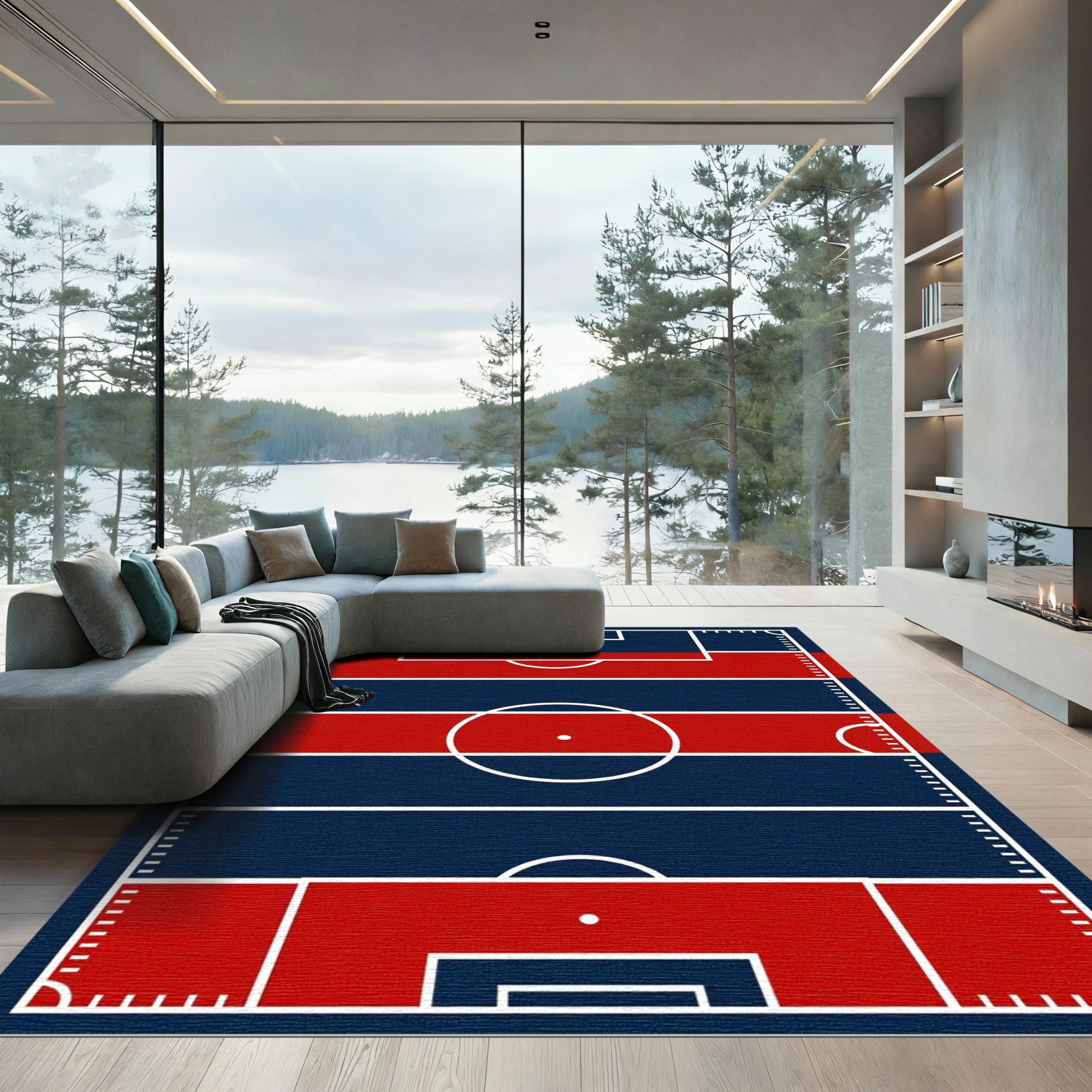 Modern Red and Navy Sports Field Rug