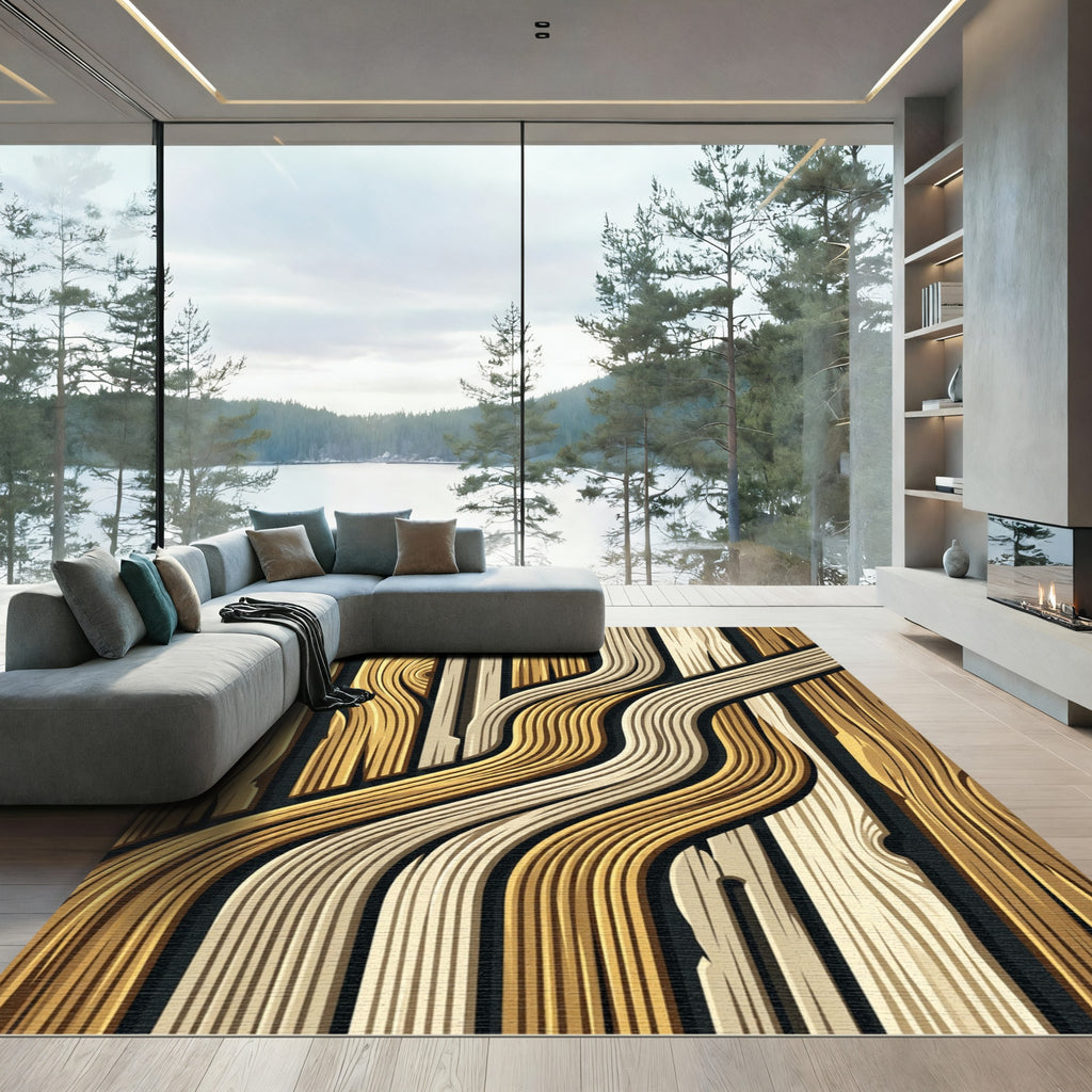 Golden Wood Grain Wave Rug