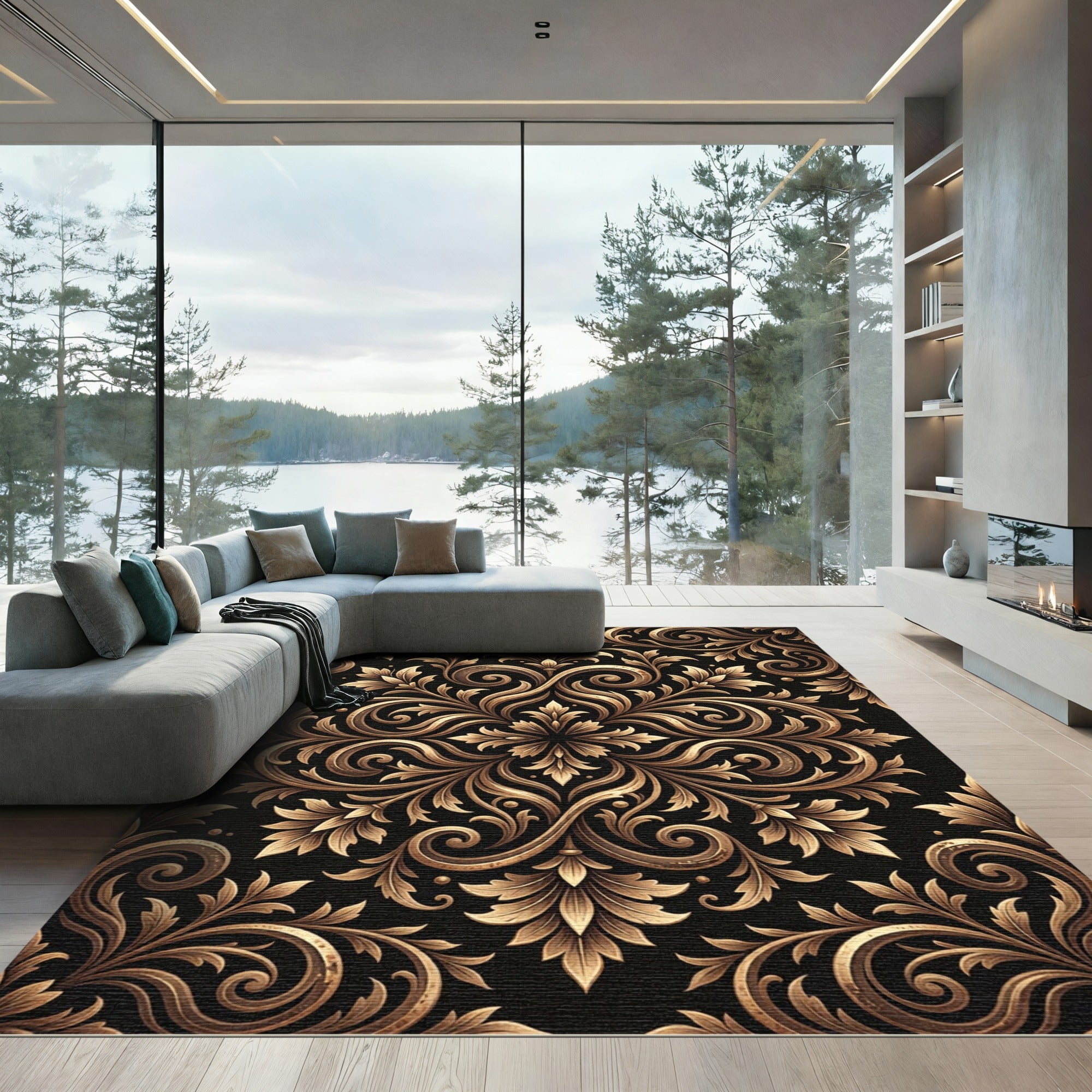 Elegant Gold Ornate Filigree Damask Rug
