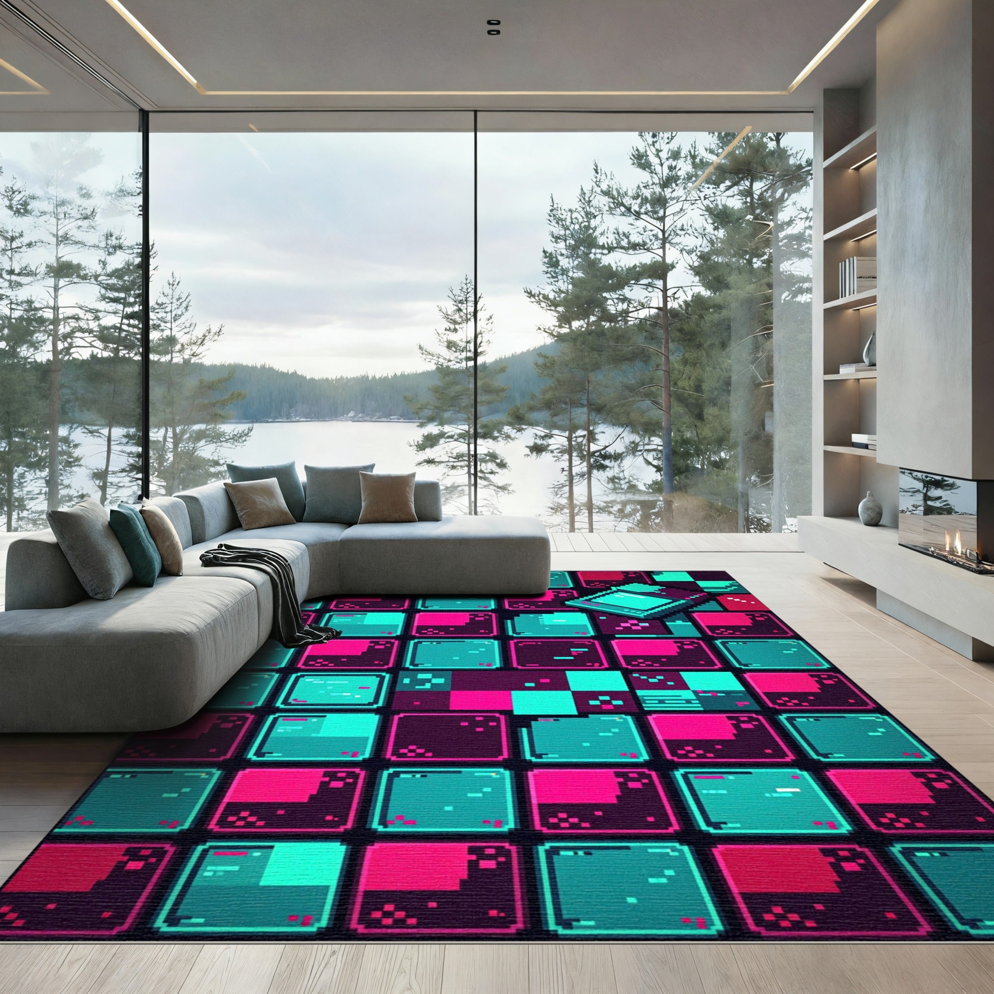 Neon Pixel Art Cyberpunk Grid Rug