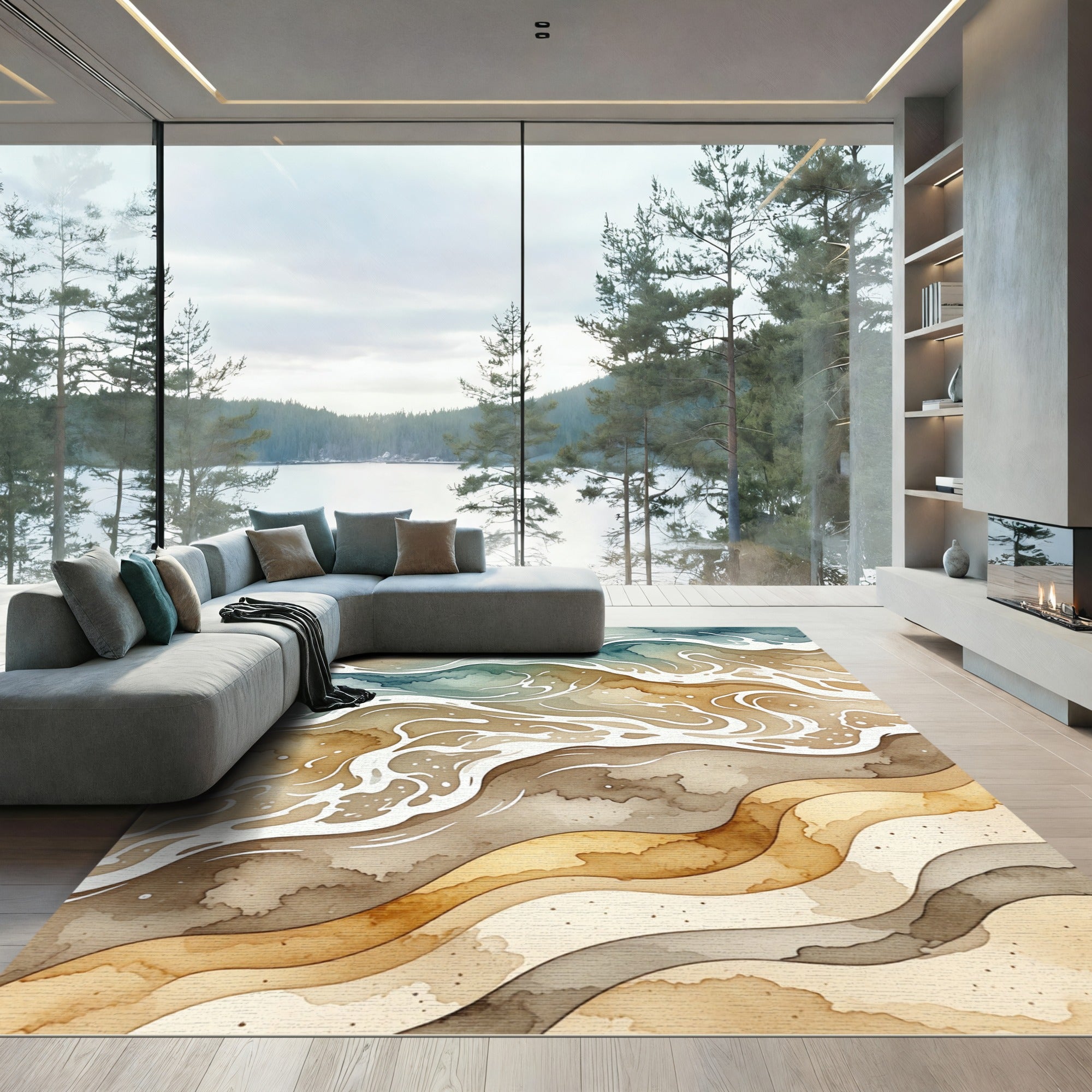 Watercolor Abstract Sandy Beach Shoreline Rug