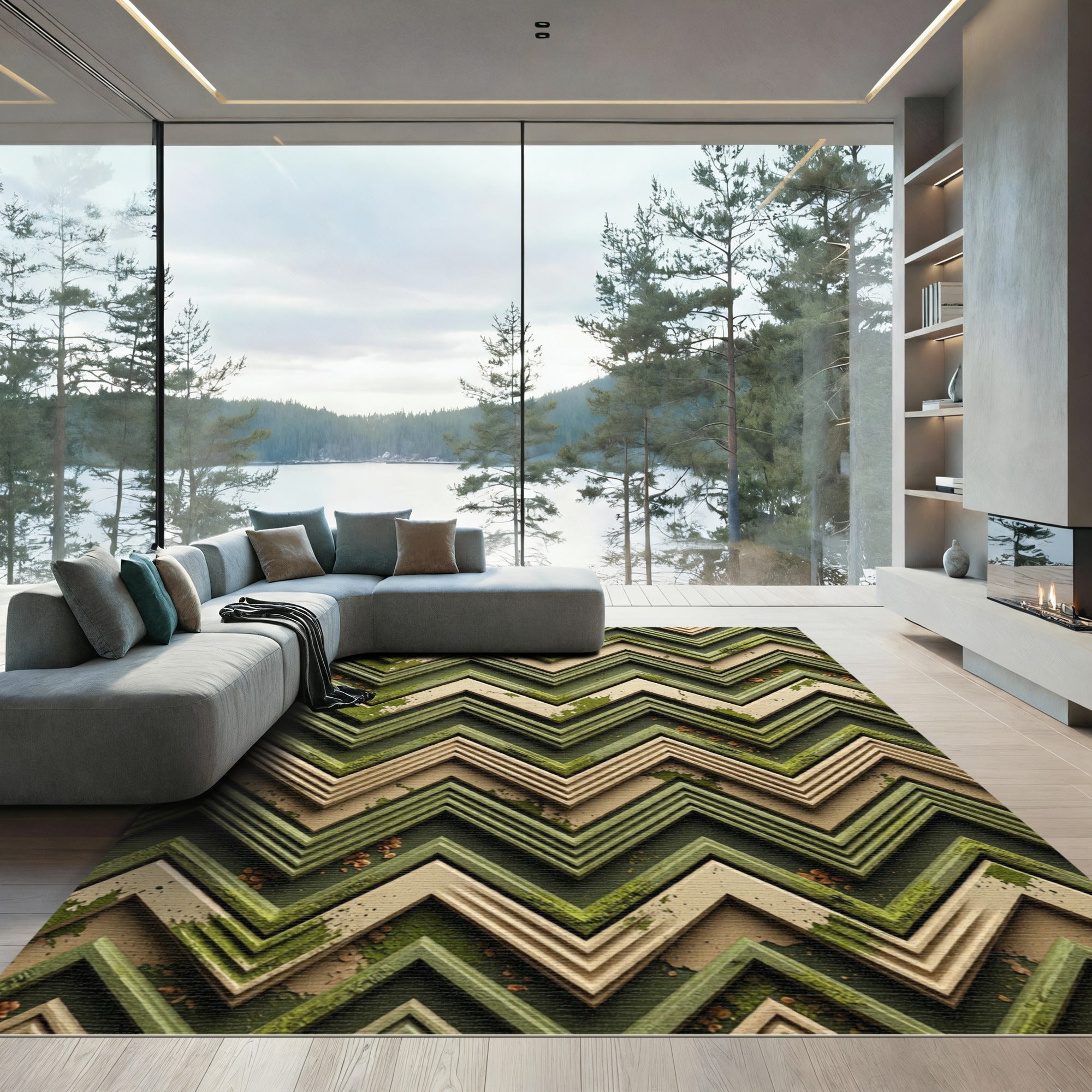 Distressed Green Chevron Layers Rug