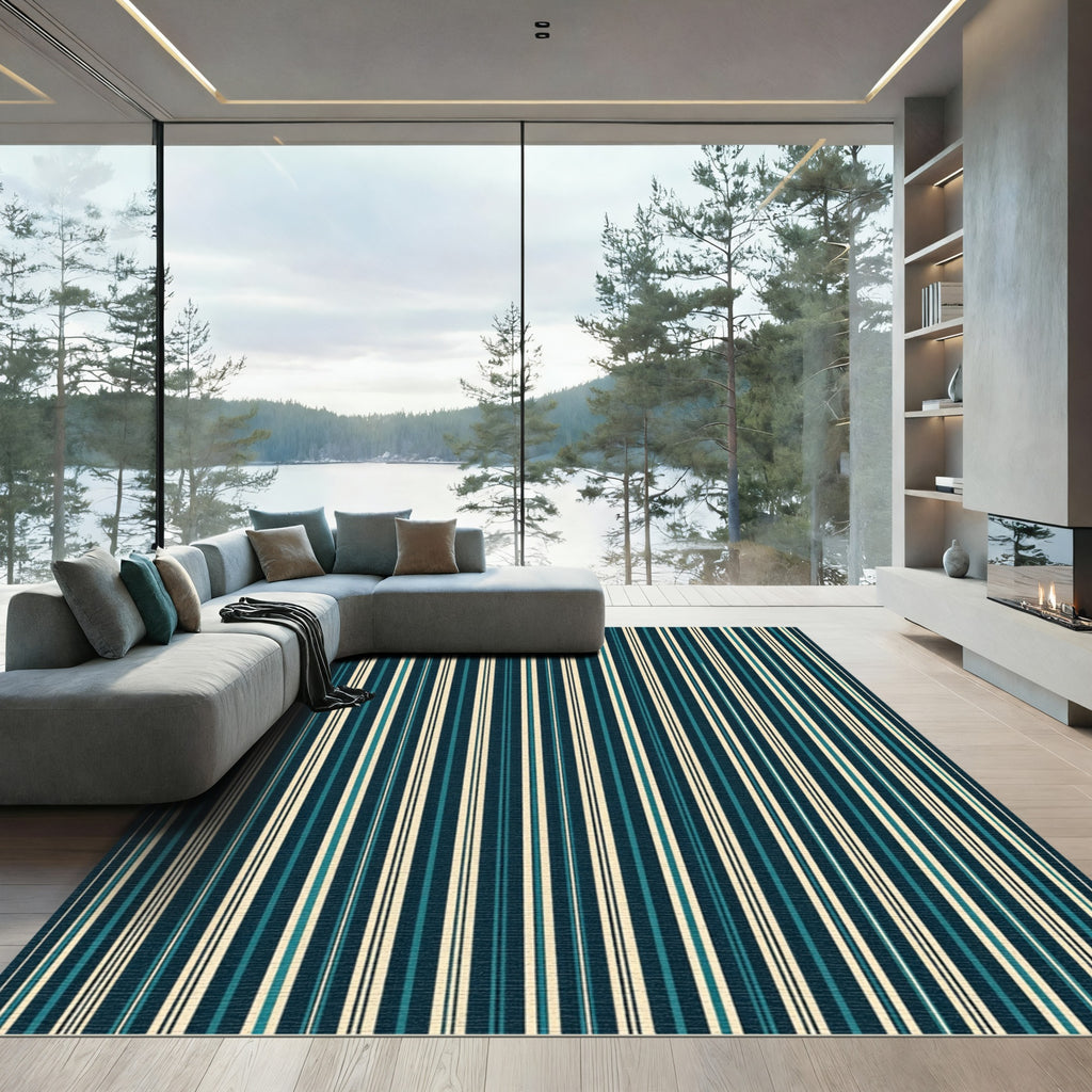 Modern Navy and Cream Vertical Stripe Rug