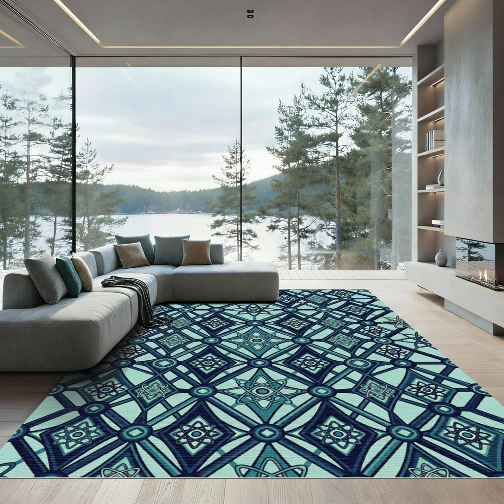 Teal Atomic Diamond Geometric Medallion Rug
