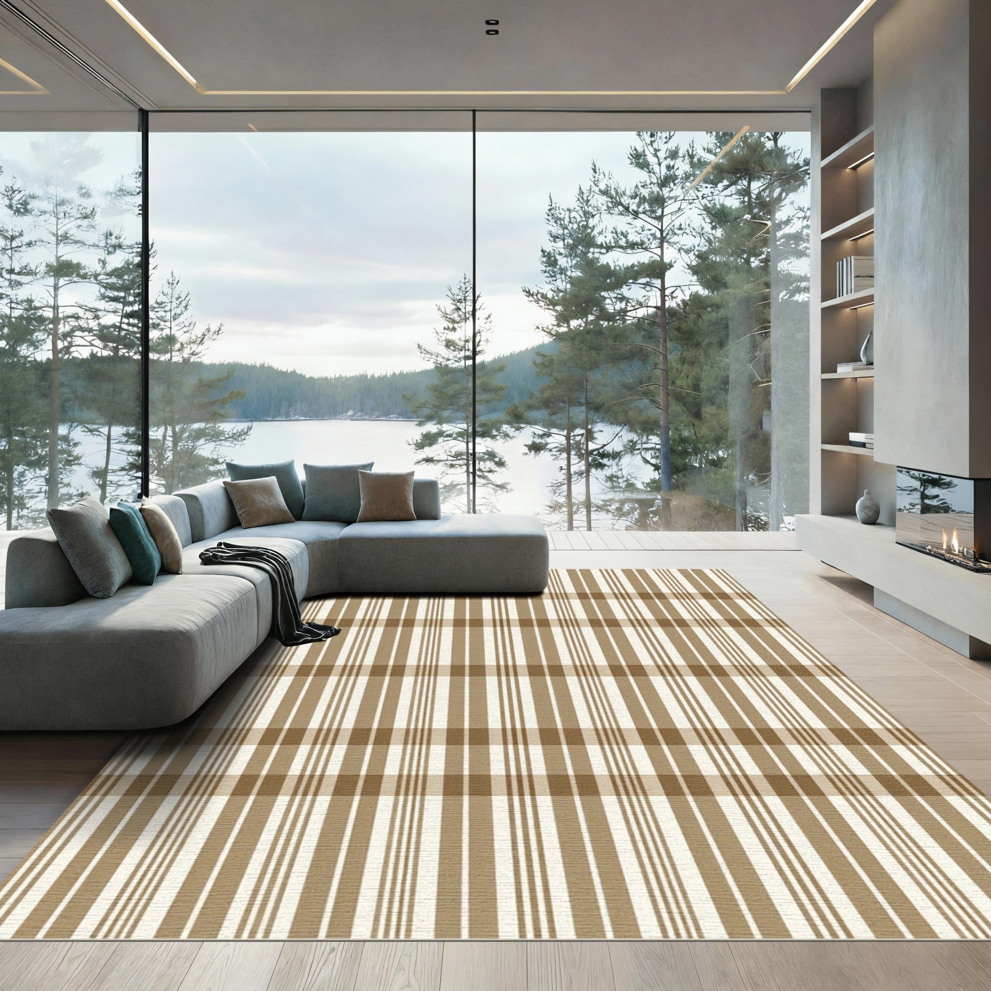 Classic Taupe and Cream Grid Plaid Rug