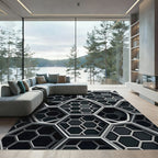 Modern Monochrome Geometric Hexagon Grid Rug