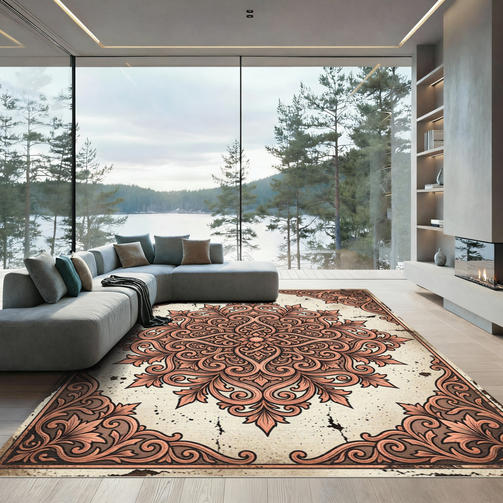 Elegant Terracotta Floral Damask Medallion Rug