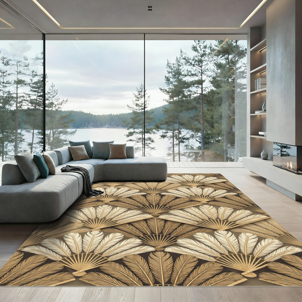 Elegant Golden Fan Feather Art Deco Rug