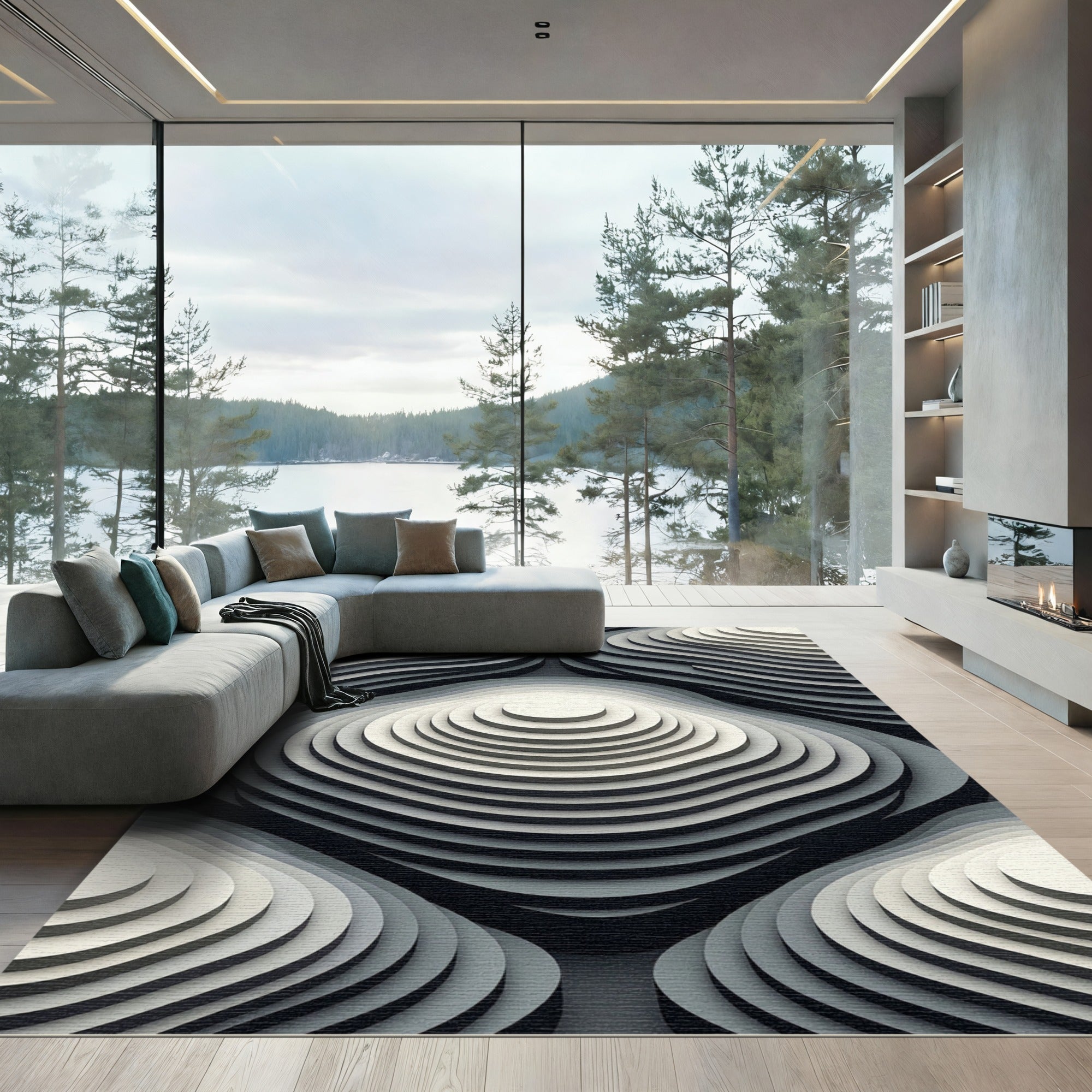Monochrome Gradient Concentric Geometric Relief Rug