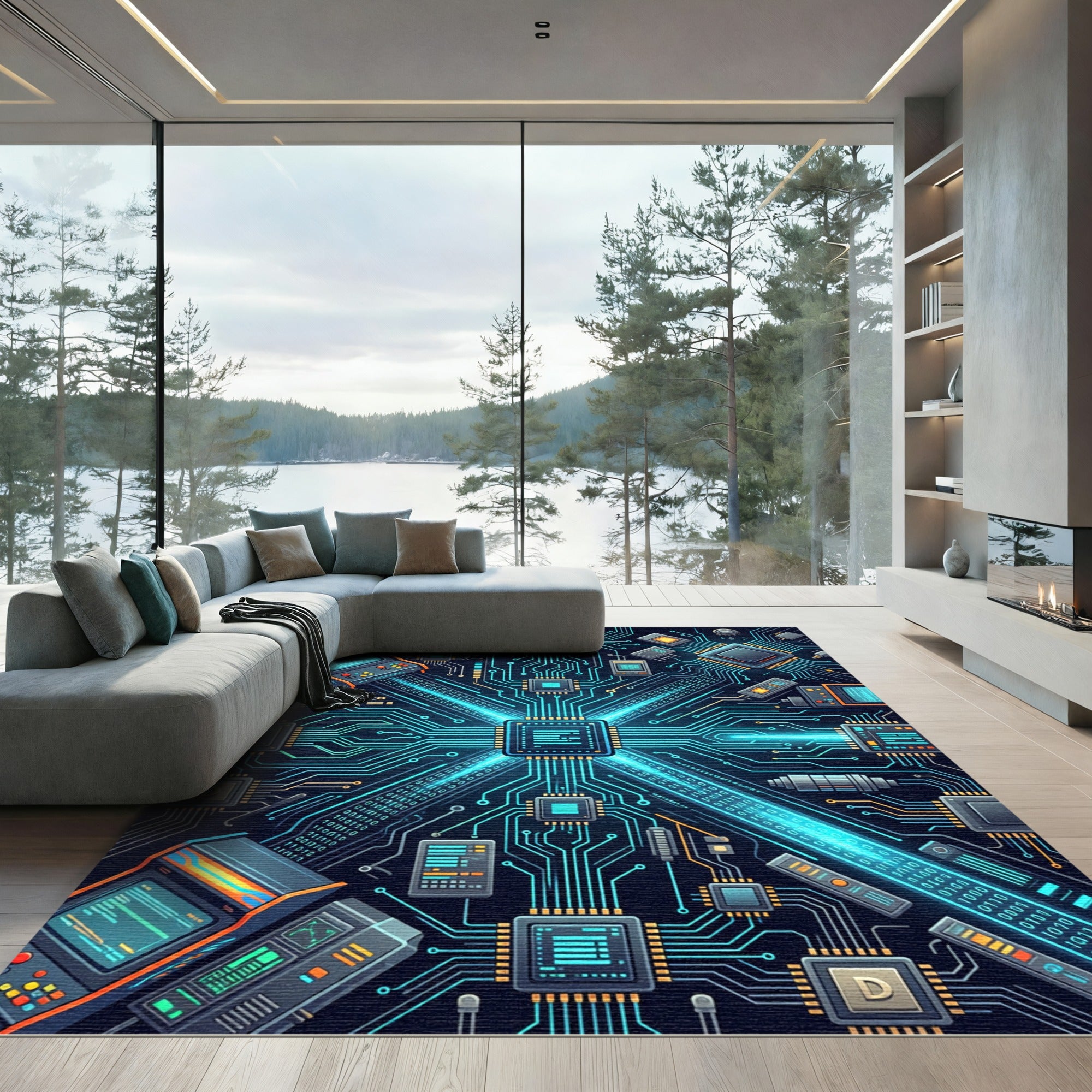 Neon Cyber Circuit Digital Tech Art Rug