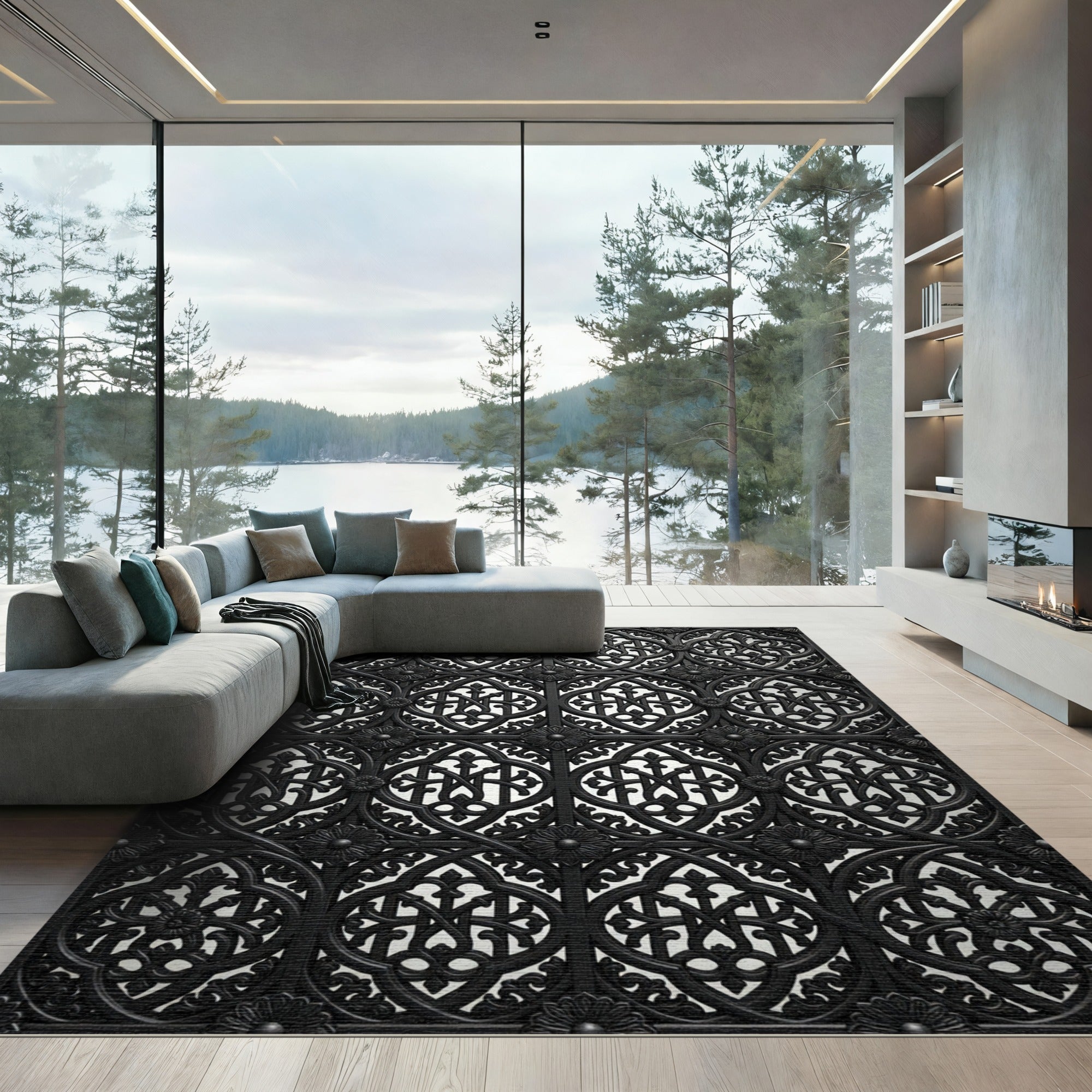Black Ornate Gothic Scroll Medallion Rug