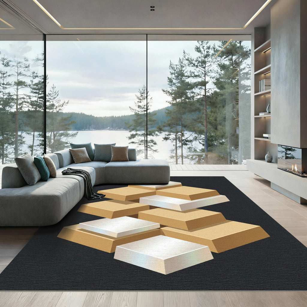 Gold Silver Stacking Blocks Isometric Rug