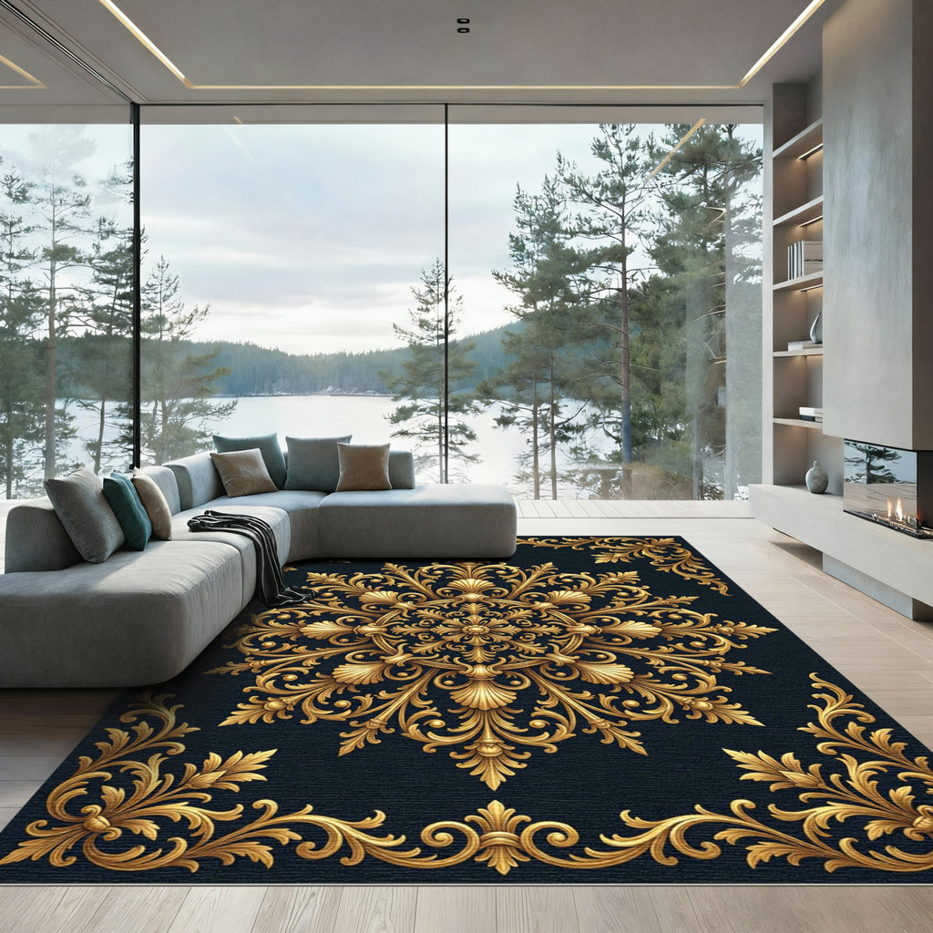 Ornate Gold Baroque Medallion Accents Rug