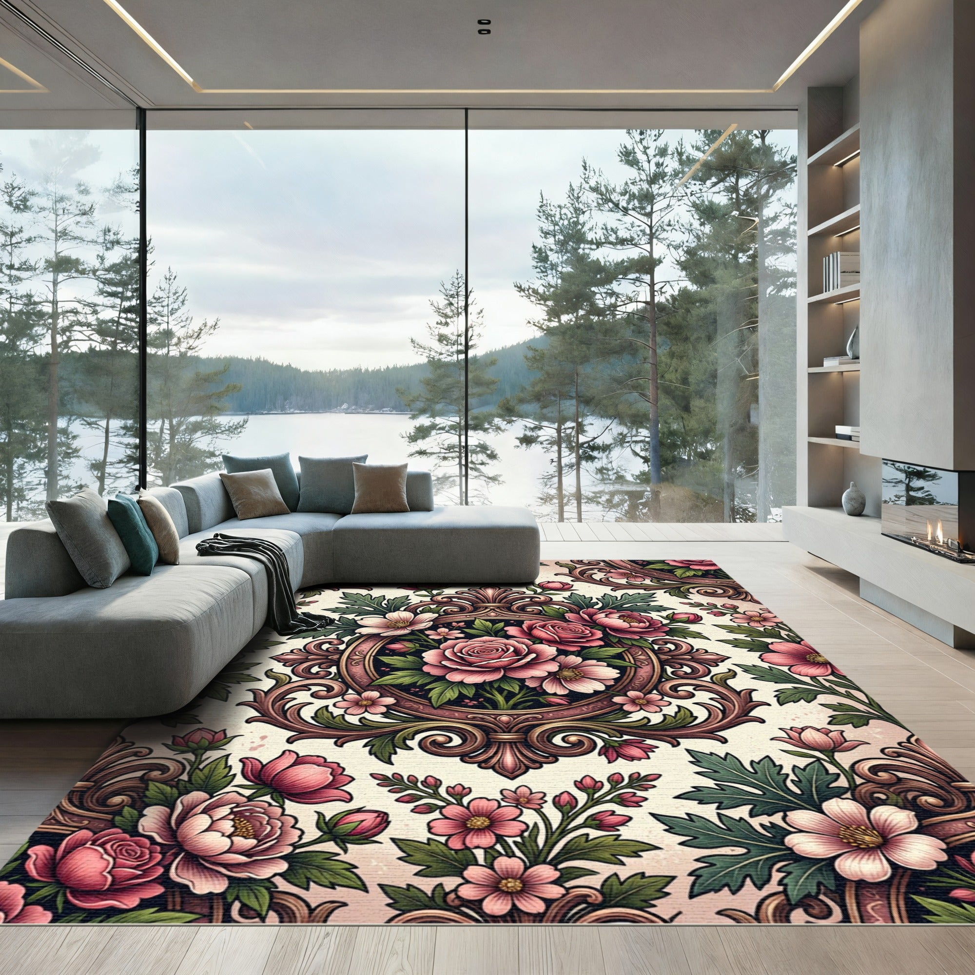 Vintage Blush Floral Damask Medallion Rug