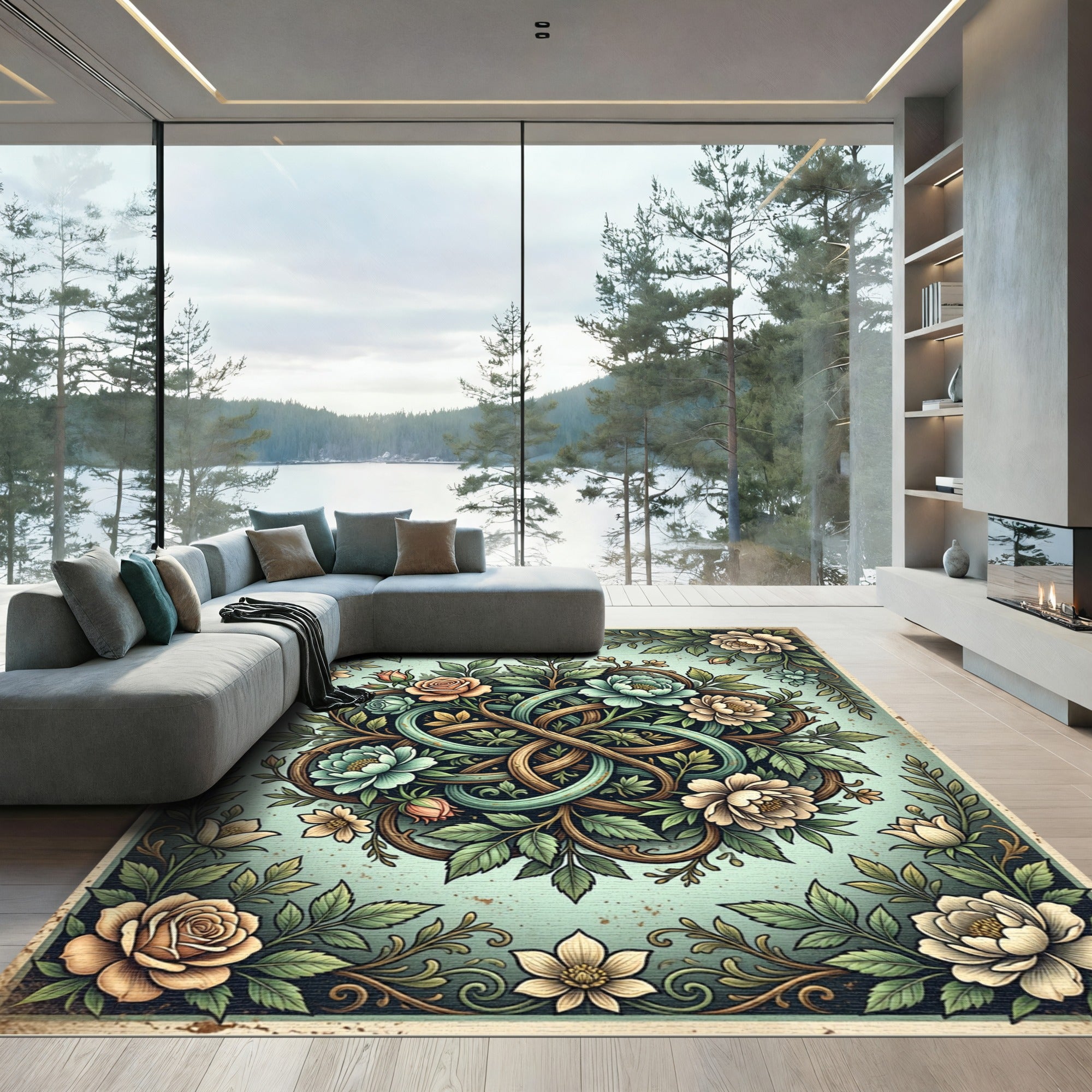Elegant Floral Celtic Knot Sage Rug