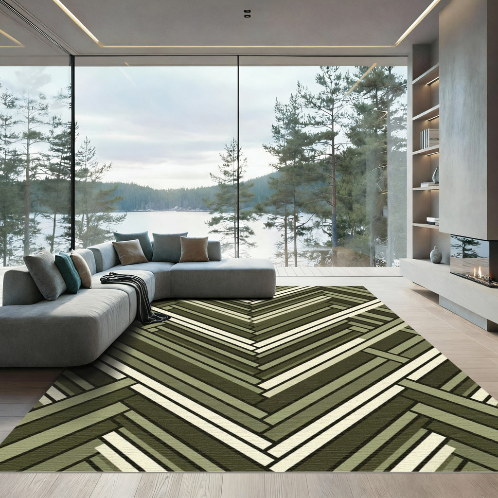 Olive Green Herringbone Geometric Weave Rug