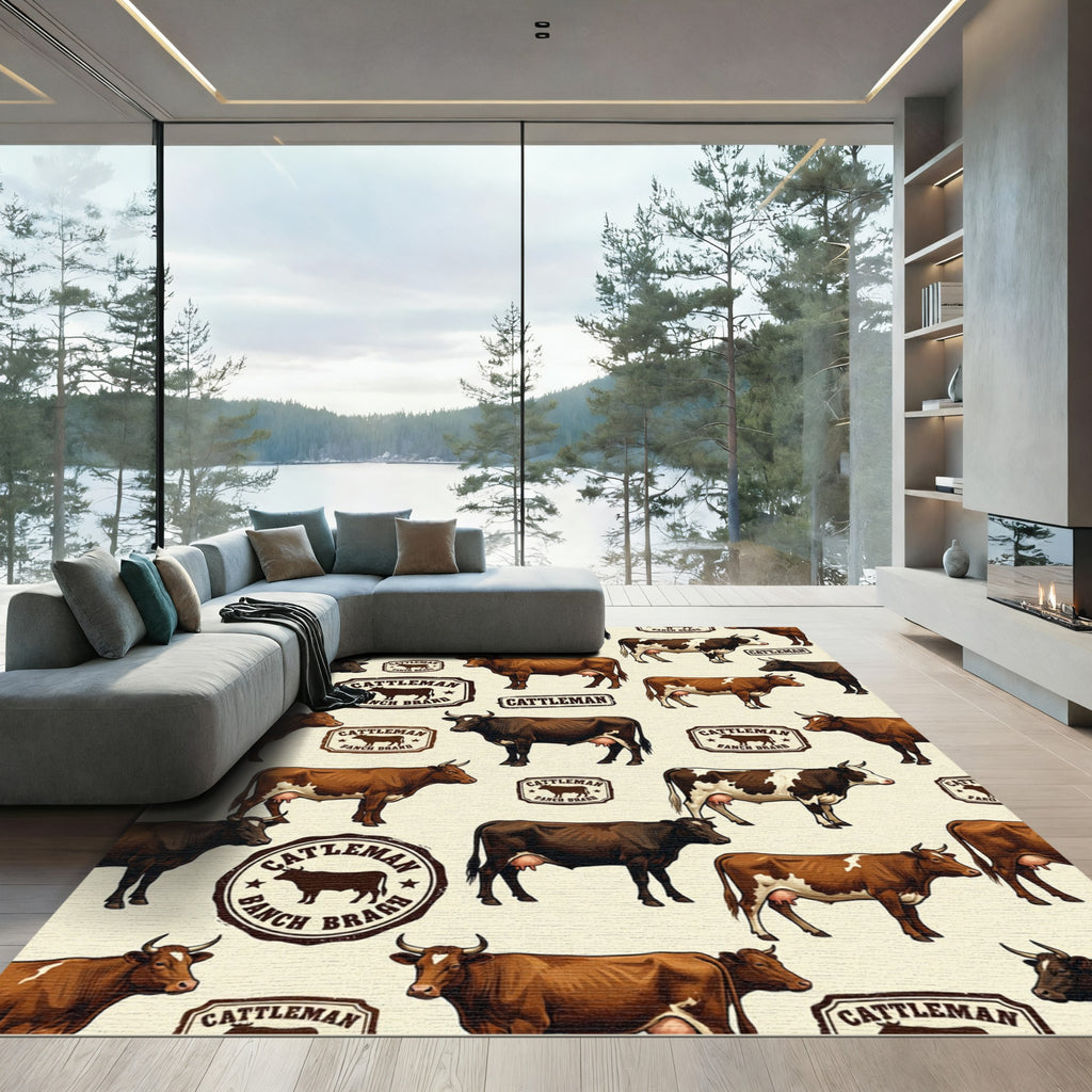 Vintage Farmhouse Cream Brown Cattle Rug