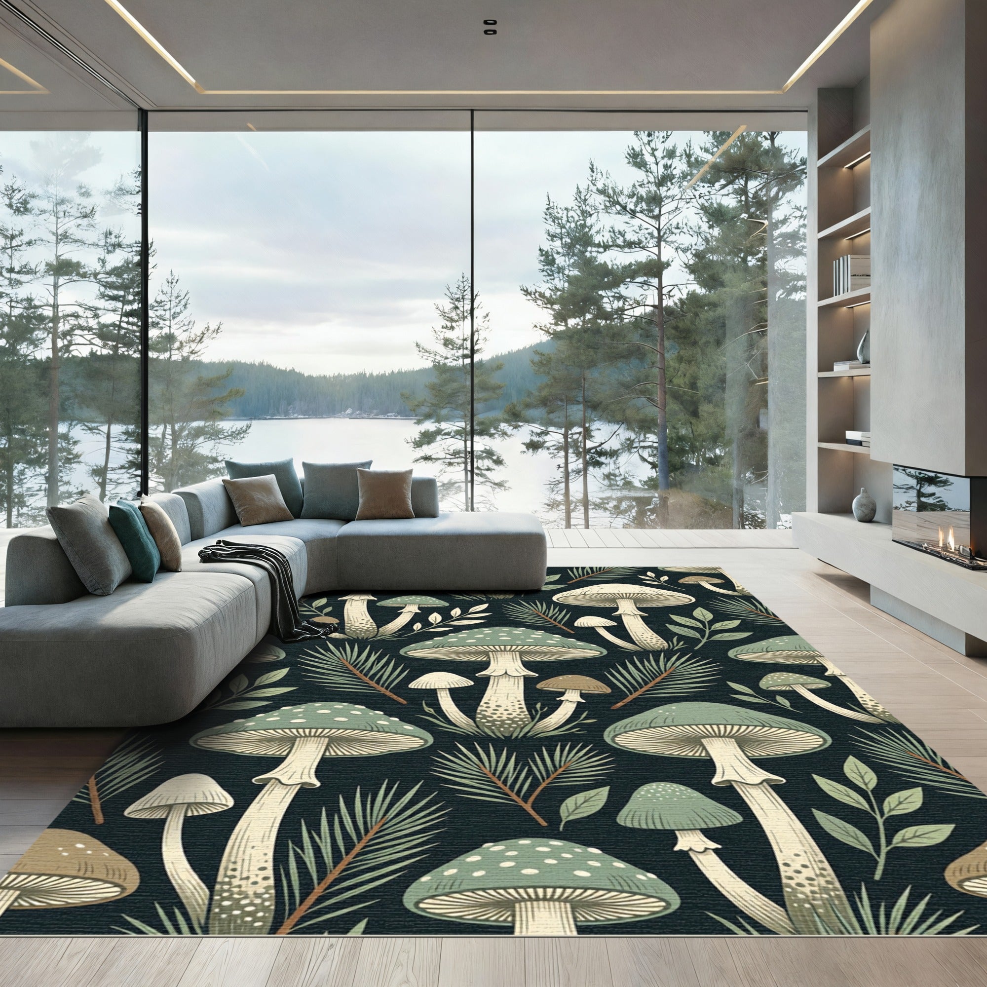Sage Forest Mushroom Botanical Dark Background Rug