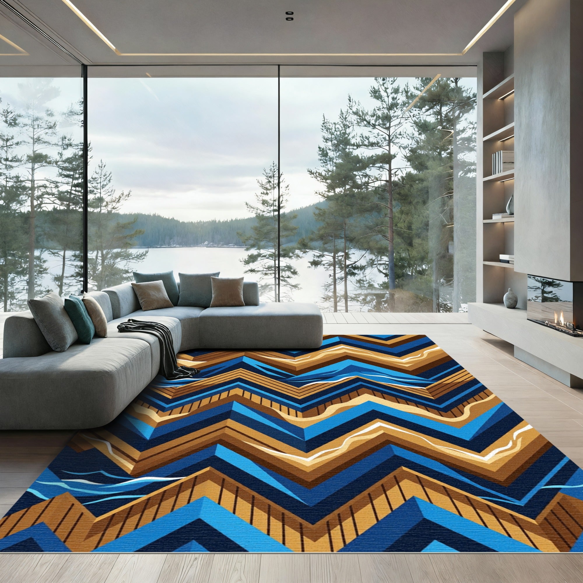 Geometric Blue and Gold Chevron Wave Rug