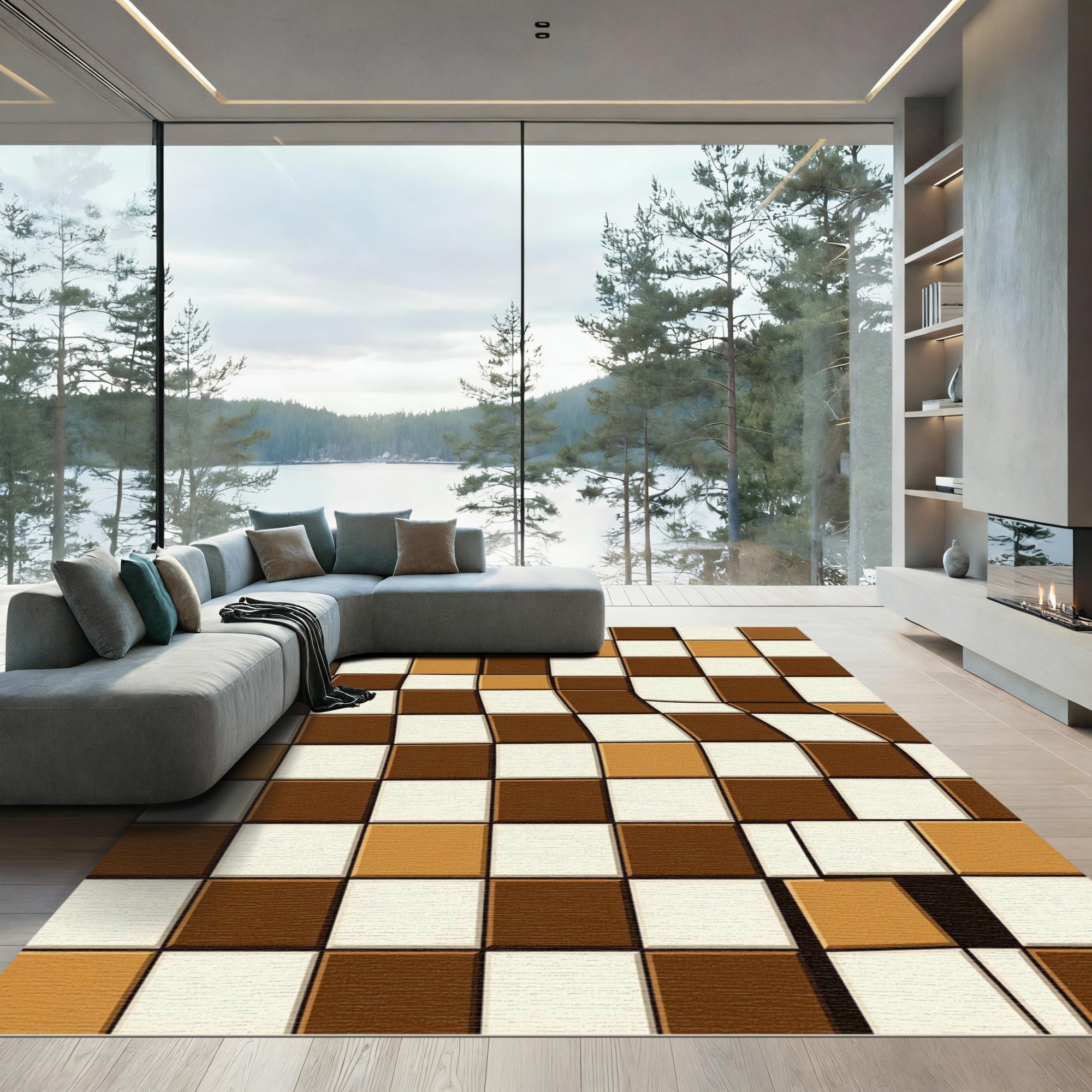 Warped Checkerboard Brown Beige Rug