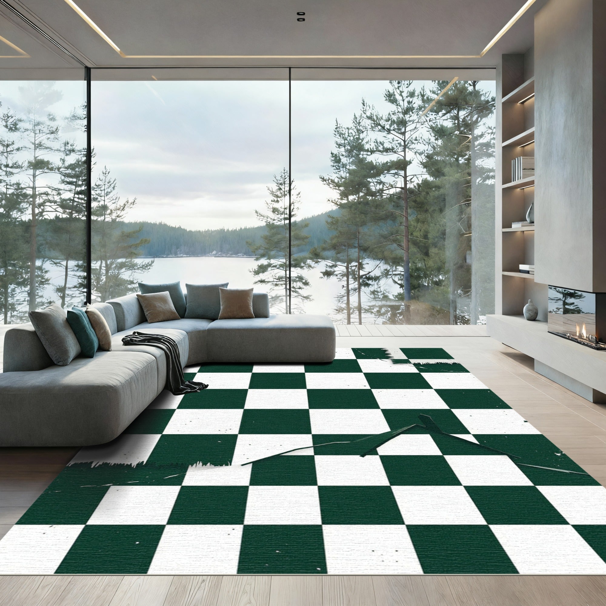 Emerald Green White Checkerboard House Rug