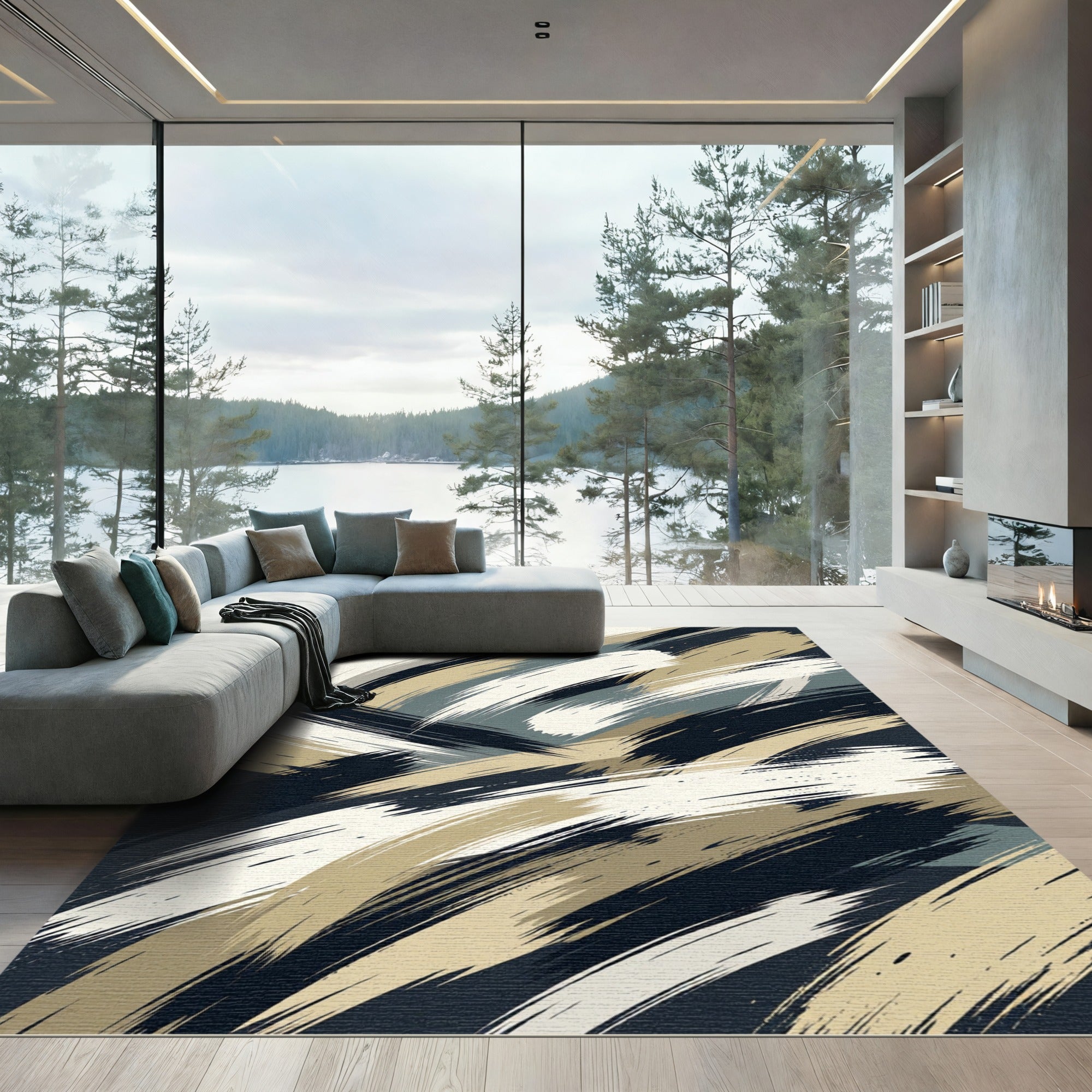 Abstract Navy Beige Charcoal Brush Stroke Rug