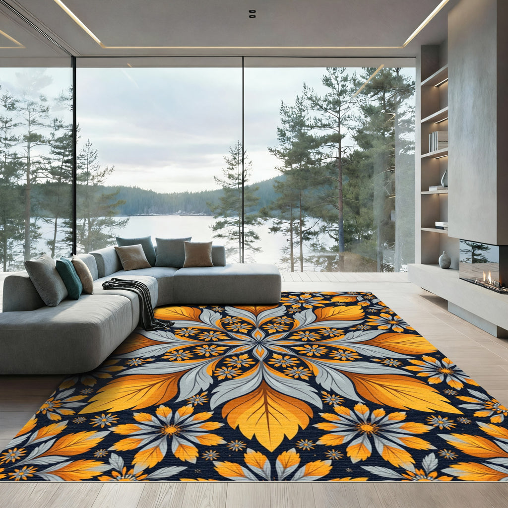 Golden Sunflower Gray Leaf Medallion Rug