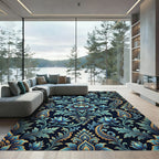 Elegant Blue Gold Damask Floral Rug