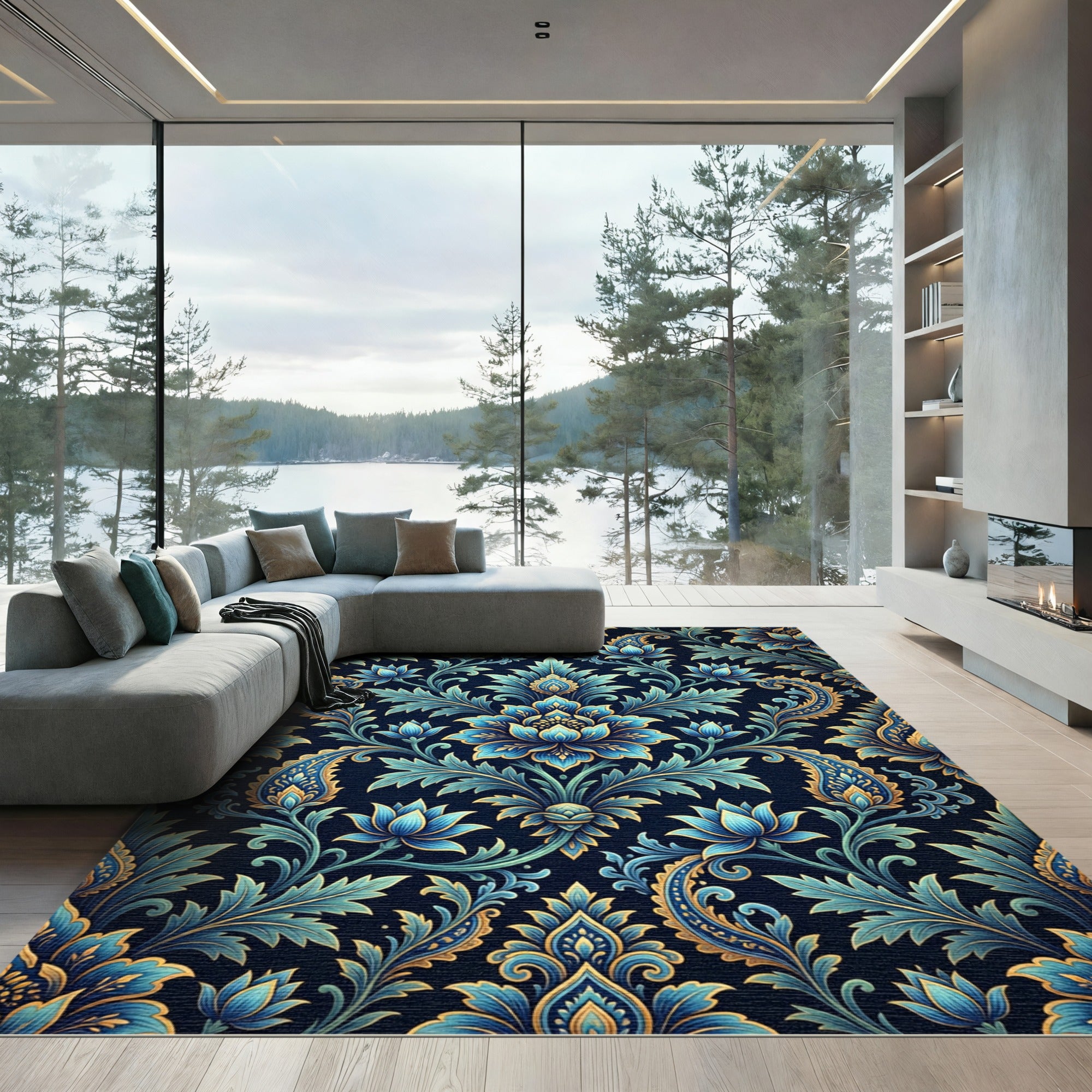 Elegant Blue Gold Damask Floral Rug