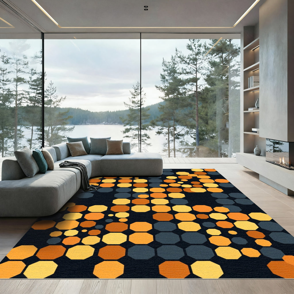 Modern Golden Octagon Geometric Grid Rug