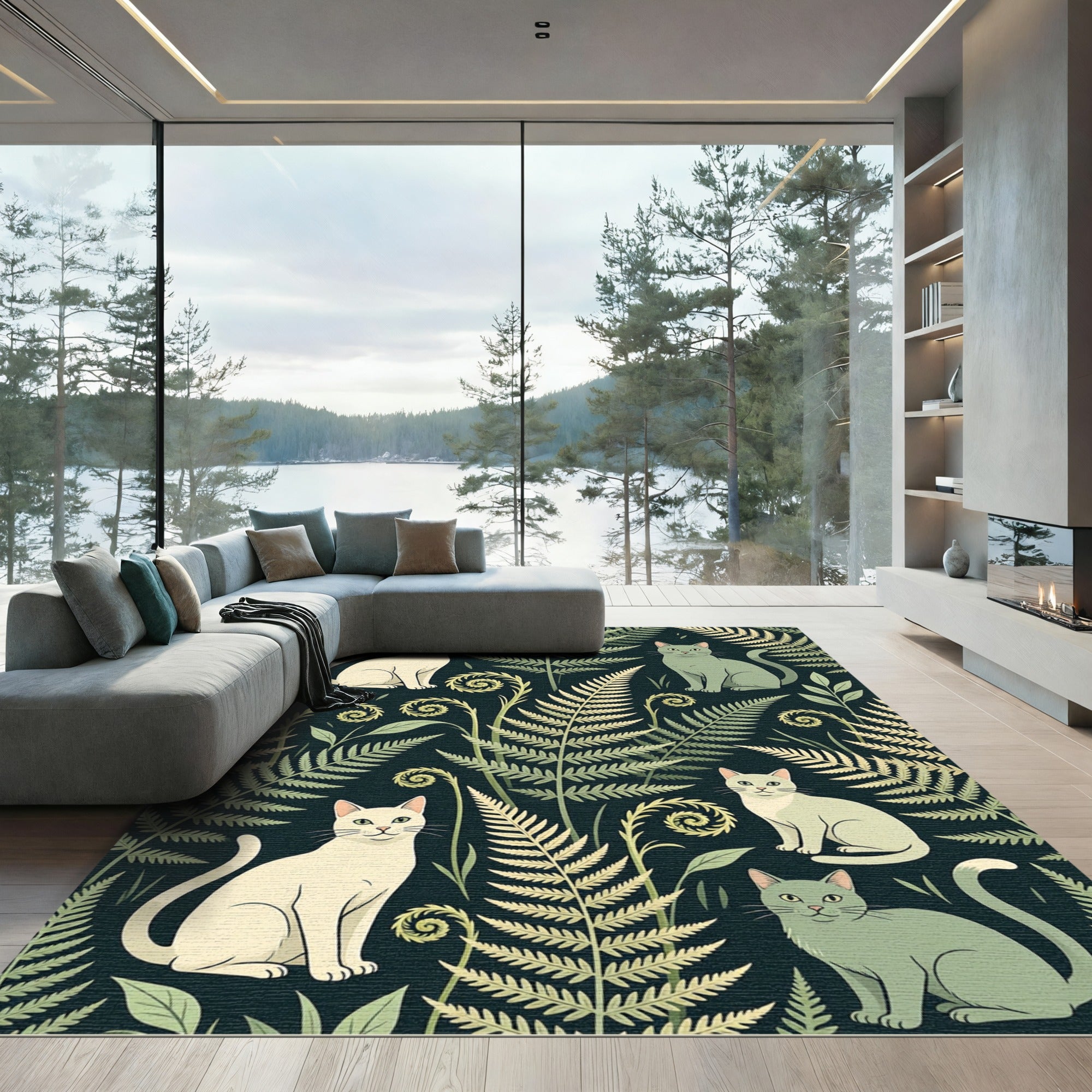 Whimsical Fern and Cat Pattern Rug