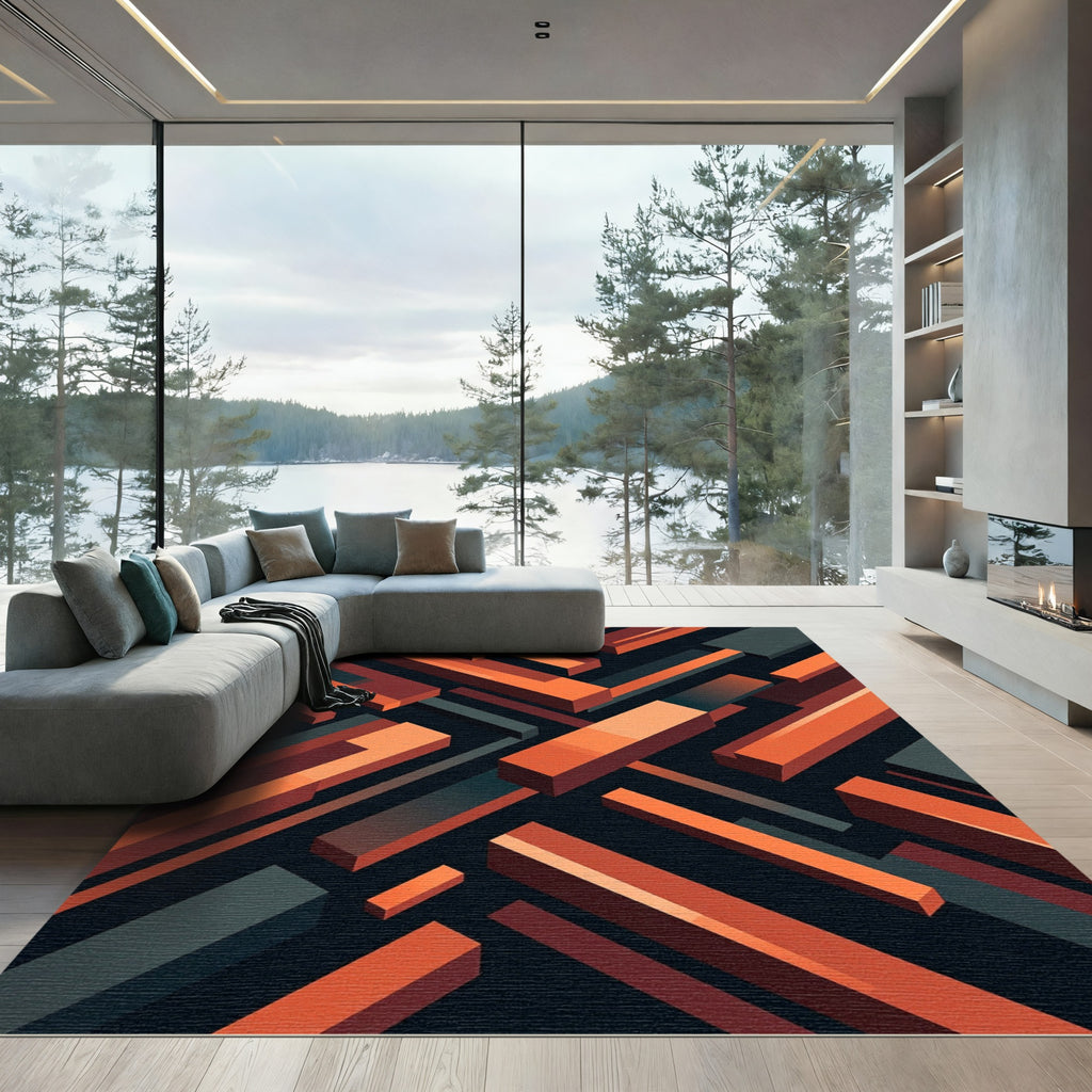 Modern Orange and Charcoal Isometric Bars Rug