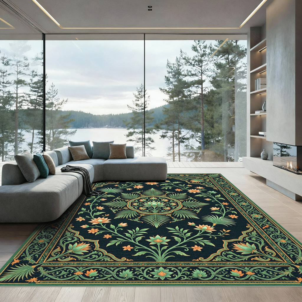 Elegant Sage Floral Lotus Medallion Rug