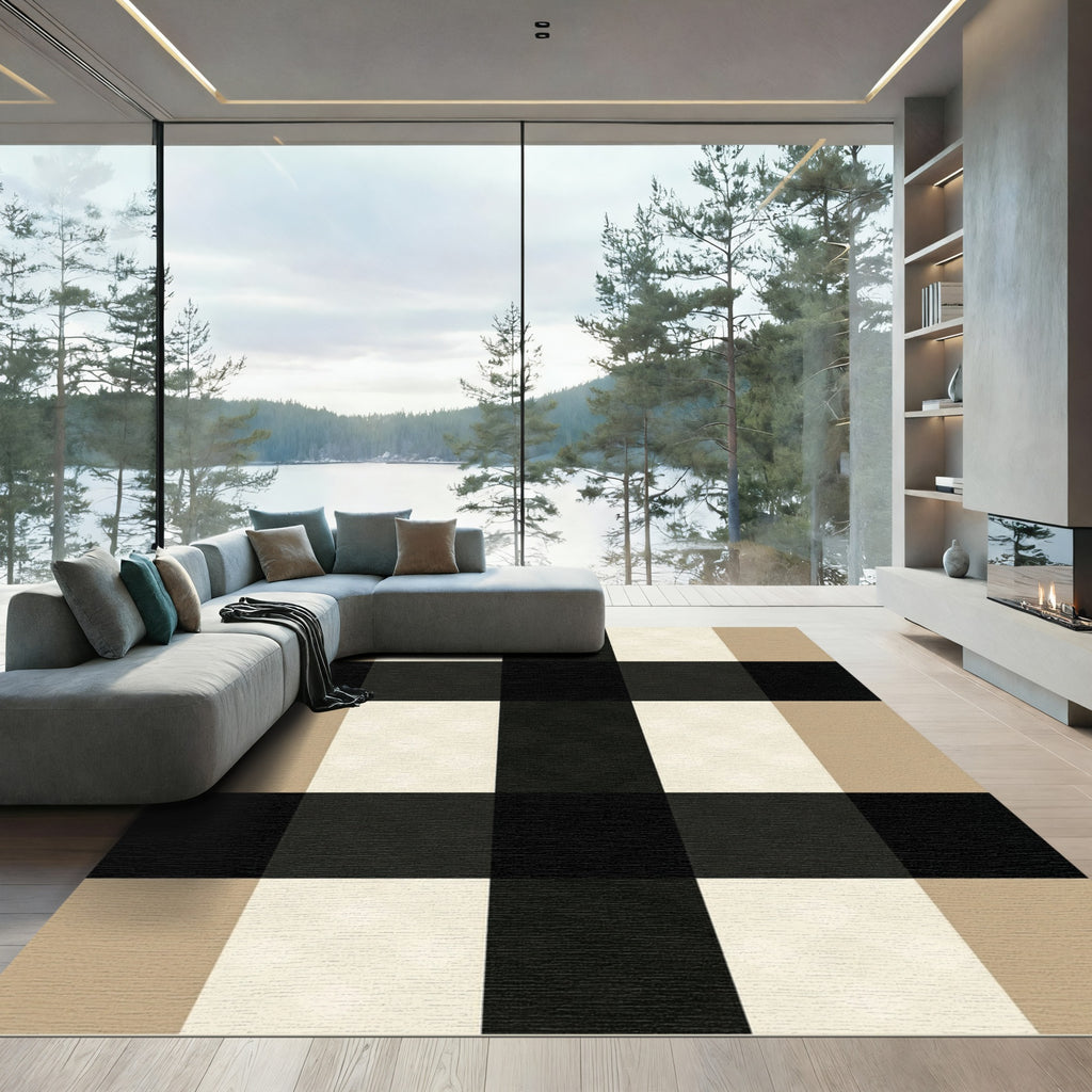 Classic Black Beige Gingham Check Rug