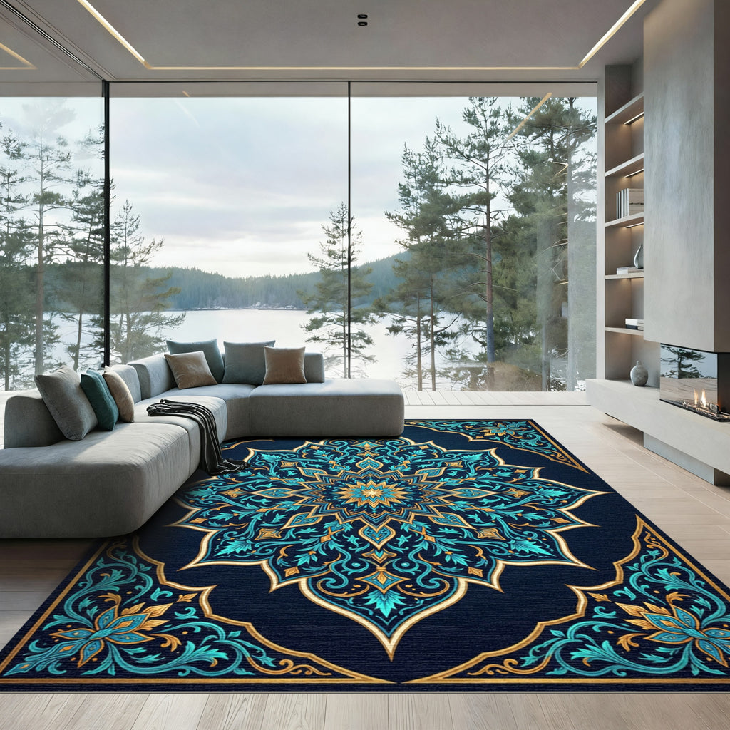 Luminous Teal Gold Floral Mandala Rug