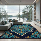 Luminous Teal Gold Floral Mandala Rug