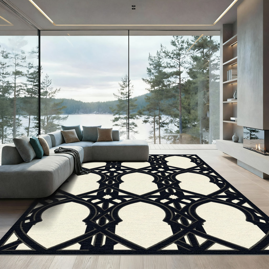 Sophisticated Midnight Arch Geometric Lattice Rug