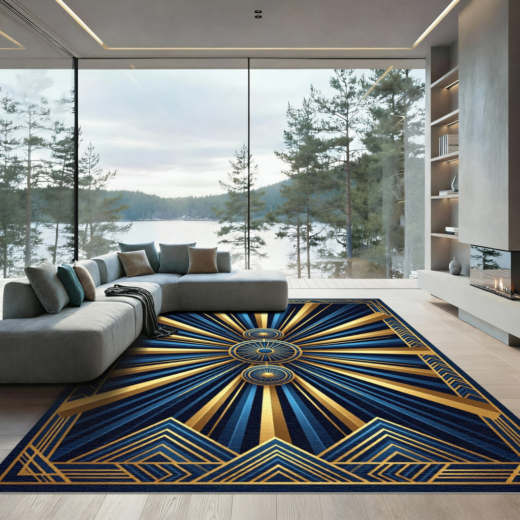 Art Deco Gold and Sapphire Radiant Rug