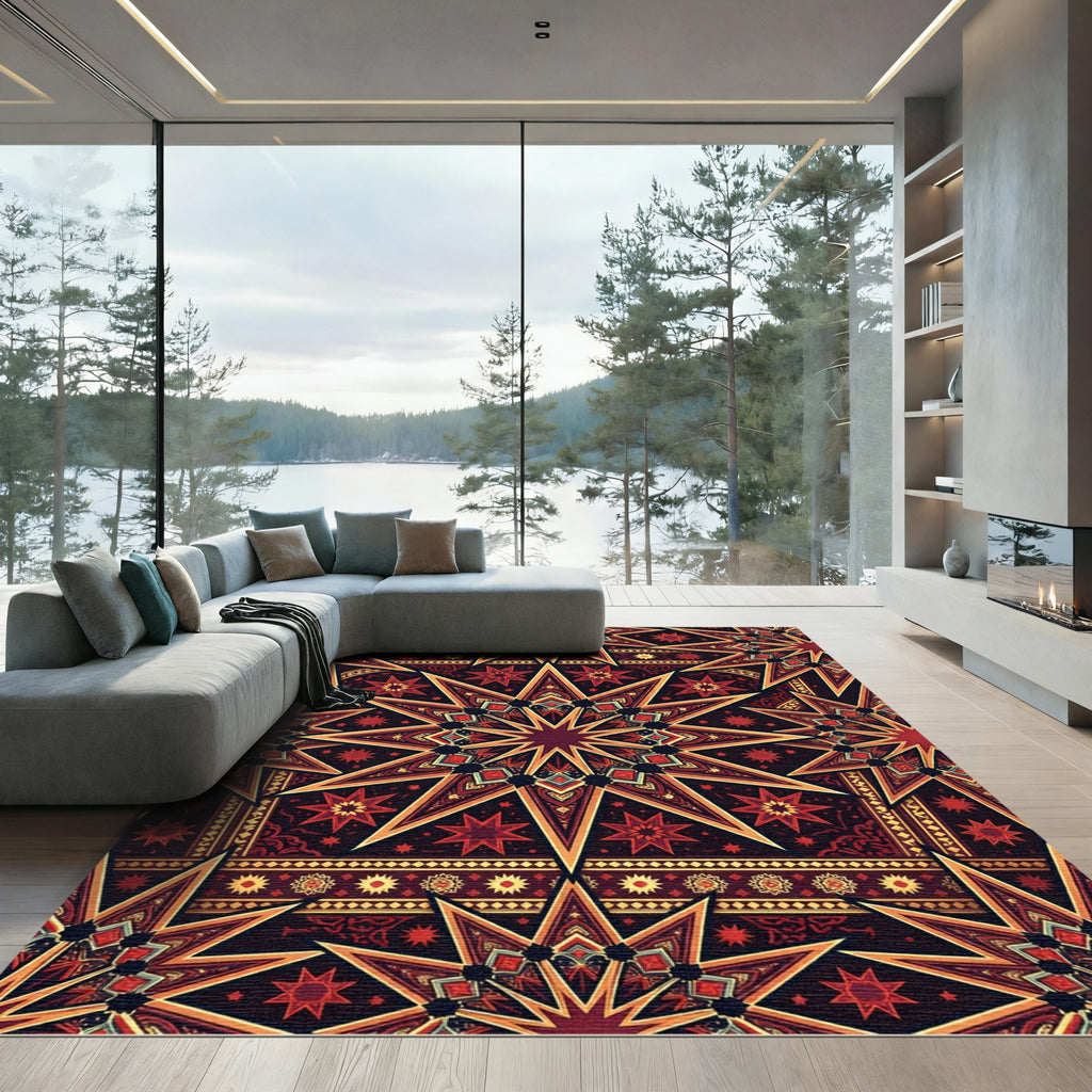 Deep Crimson Geometric Star Medallion Rug