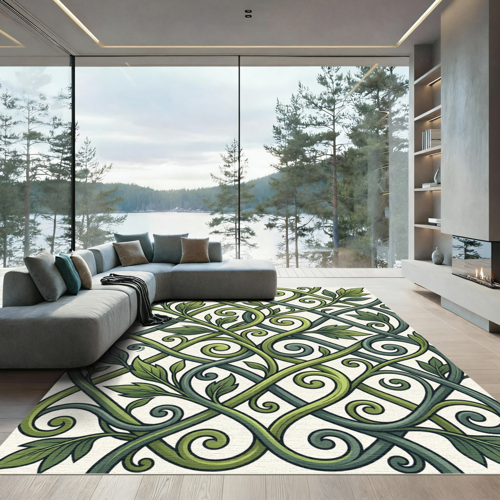 Intertwined Verdant Botanical Scroll Rug