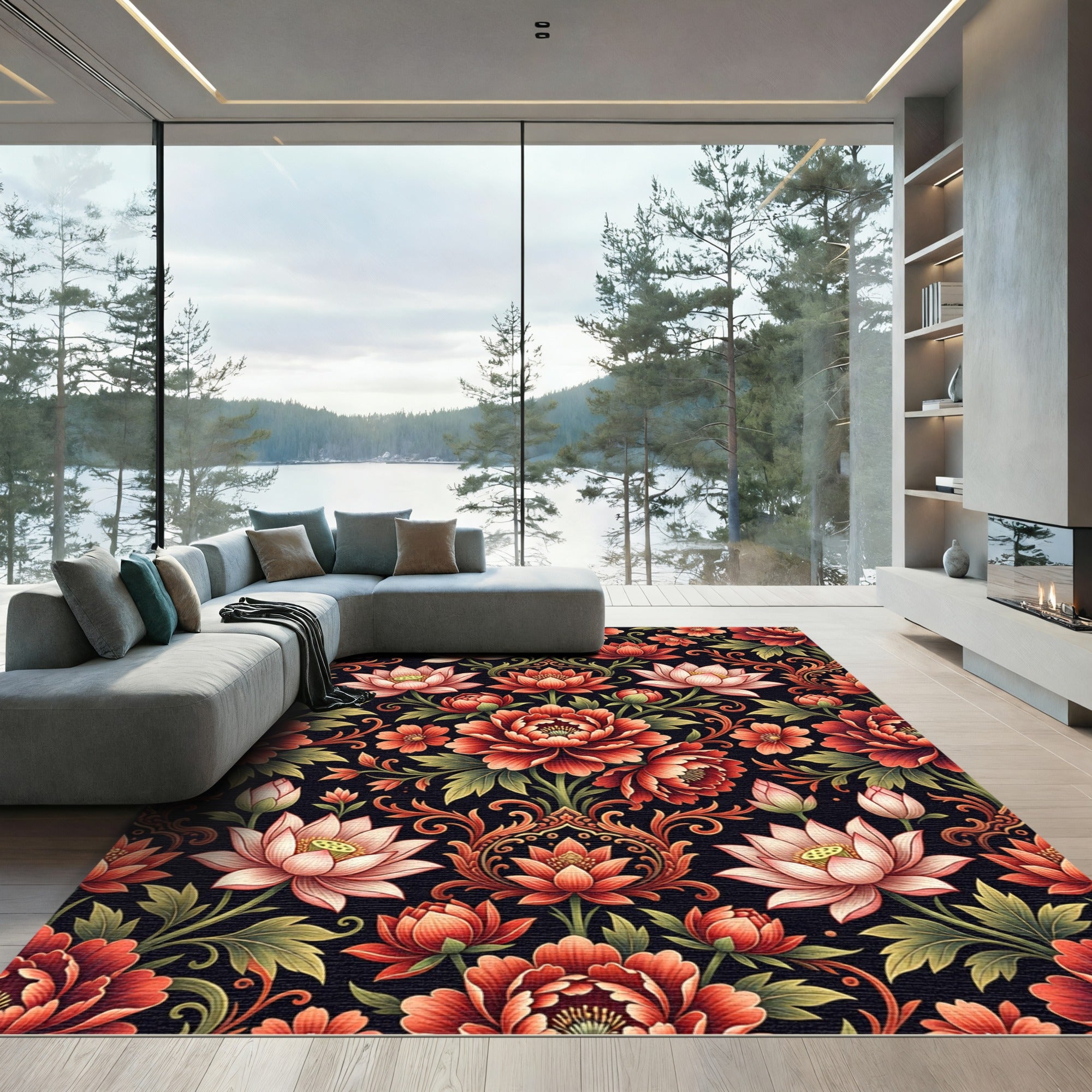 Radiant Red Floral Lotus Garden Rug