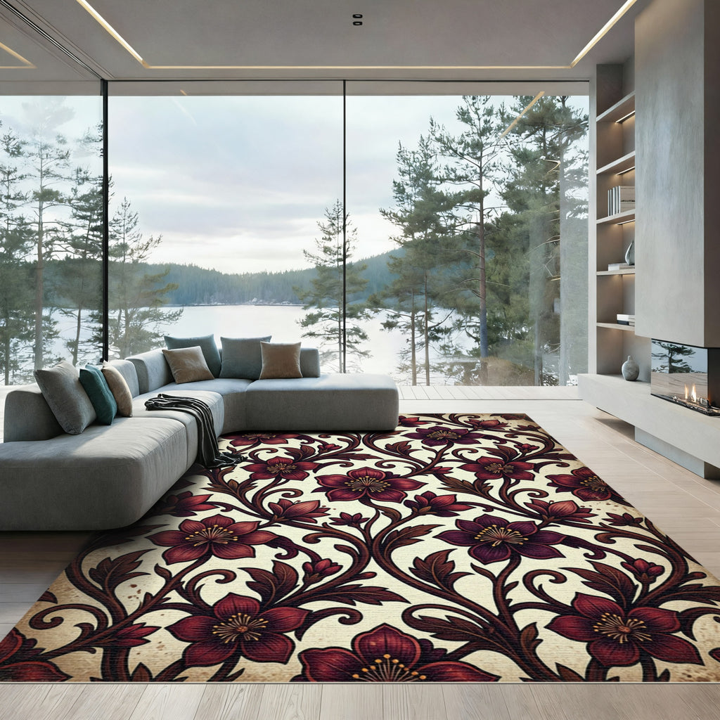 Dark Crimson Floral Scroll Art Nouveau Rug