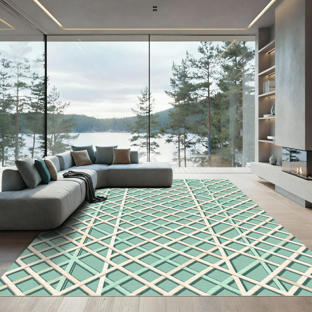 Mint and Cream Geometric Interlaced Lattice Rug