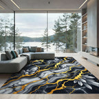 Gold Veined Black Marble Crystal Art Rug