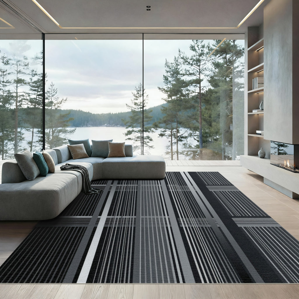 Minimalist Monochrome Linear Plaid Rug