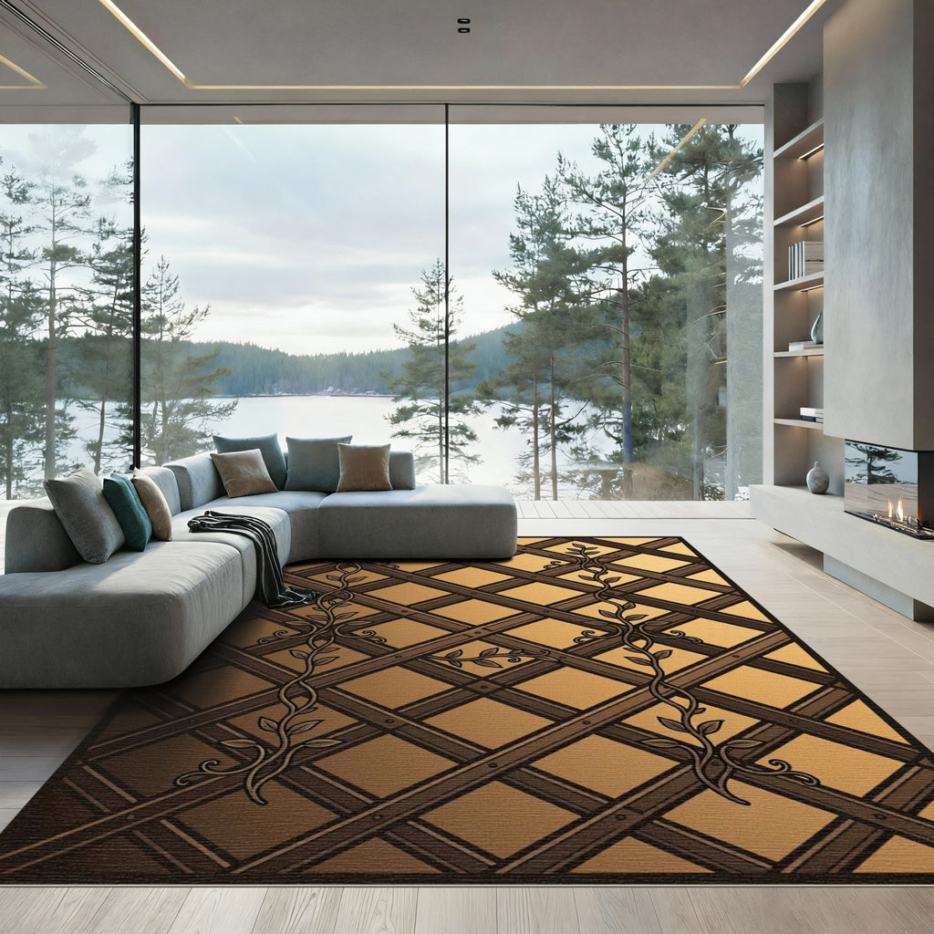Brown Lattice Vine Medallion Rug