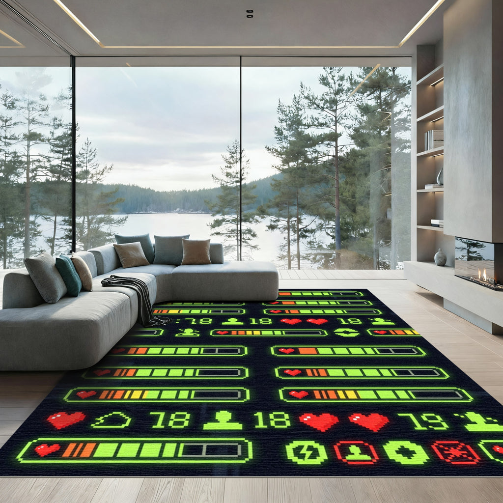Neon Pixel Pulse Gaming Interface HUD Rug